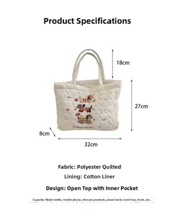 Détail du sac matelassé blanc avec broderie chien et dimensions précises 32x27x8cm