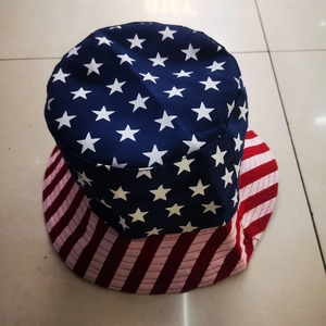 Close-up of patriotic American flag bucket hat with stars and stripes pattern design