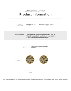 Detail of vintage round enamel stud earrings with flower patterns and product dimensions