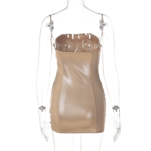 Vue arrière d'une robe bustier kaki avec éclat métallique et texture en maille fine