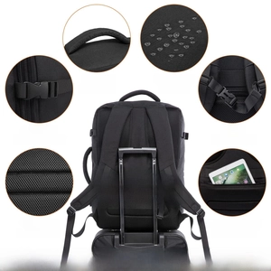 Rucksack Detailansicht zeigt wasserdichtes Material, atmungsaktives Kissen und Kofferriemen.