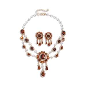 Vintage gold layered necklace and earring set with faux pearls and amber crystals