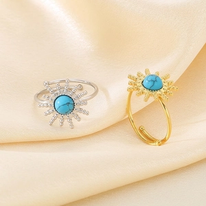 Stainless Steel Turquoise Sunburst Sunflower Adjustable Ring Retro French Vintage Bohemian Open Design Jewelry For Women