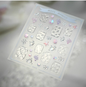 Detailed 3D embossed ocean nail stickers with iridescent water ripples and shells