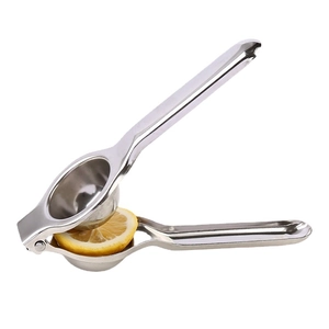 Stainless steel 304 lemon squeezer with fresh fruit half inside on white background