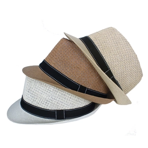 Three hollow straw fedora hats in beige, khaki and cream with black ribbon detailing