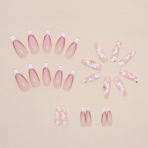 Sparkly french long ballerina press-on nails with pink glitter and white floral designs