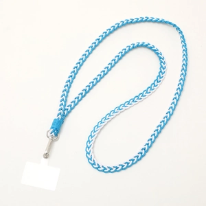 Crossbody blue and white braided phone lanyard with metal clasp and clear patch