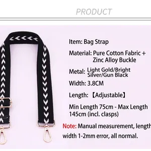 Adjustable 3.8cm wide cotton bag strap with black and white chevron pattern and gold clips