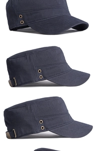 Detailed side view of navy cotton cadet cap showing metal eyelets and adjustable buckle