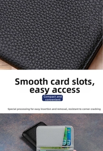 Close-up of black pebble grain leather card holder with multiple horizontal slots