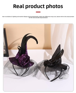 Detail view of Halloween witch hat headbands with satin, roses, feathers, and mesh veils