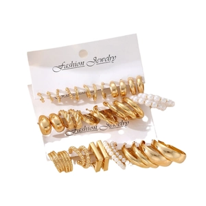 8-piece gold earring set featuring geometric hoops and faux pearl accents in fashion jewelry card