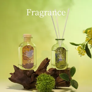 Minimalist reed diffuser set with oil painting labels on elegant glass bottles