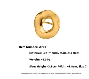 Detailed view of irregular 18k gold plated stainless steel ring with size and weight info