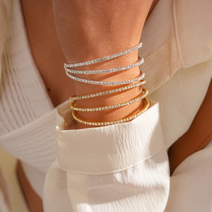 Retro triple-layer gold and silver geometric tennis bracelets with pavé zircons