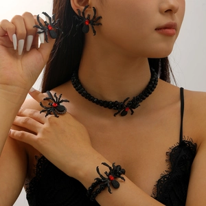 Close-up of gothic spider jewelry set with red rhinestones on model's neck and hands