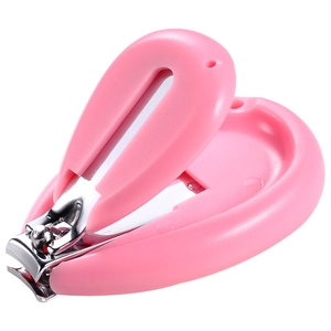 Pink shell-shaped baby nail clipper with safe metal blade on white background