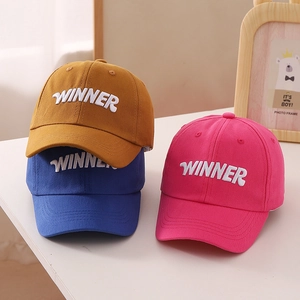 Kids baseball cap with Winner embroidery in mustard yellow, royal blue and rose pink