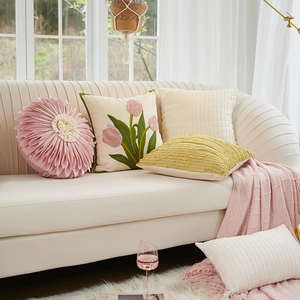 Floral Embroidered Throw Pillow Cover Tulip Pink Flower Shape Nordic Decorative Cushion Case For Sofa Home Decor