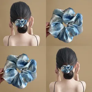 Women Satin Hair Scrunchies Elegant Marble Print Oil Painting Fabric Elastic Hair Ties With Bow Ribbon For Girls