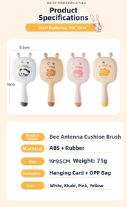 Detail view of cartoon bee massage hairbrush with dimensions and product specifications