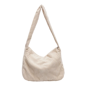 Large beige corduroy tote bag with wide shoulder strap and metal zipper closure