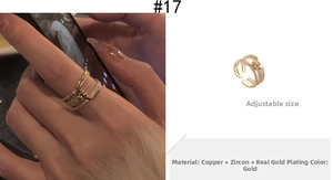 Detailed close-up of a gold-plated open ring with double-layered zircon inlay and adjustable band