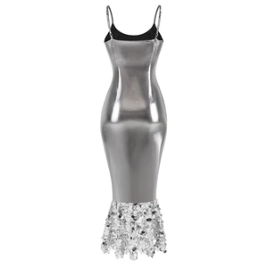 Detail of silver metallic slim fit dress with sequin tassel hem and sleek back cut
