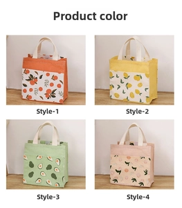 Detail view of four fruit-patterned canvas lunch bags with sturdy handles in collage