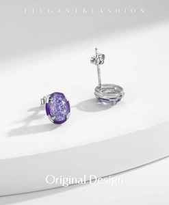 Macro view of S925 silver oval lavender gemstone earrings with purple enamel frame