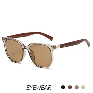 Retro tea color square frame sunglasses with stylish wood grain temples for women