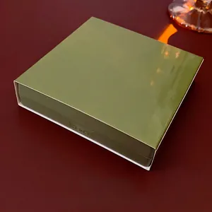 Olive green square jewelry box with push mechanism and glossy finish on dark background