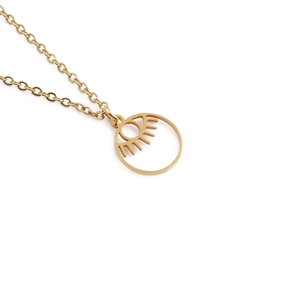 Minimalist gold stainless steel necklace featuring a hollow evil eye sunburst pendant