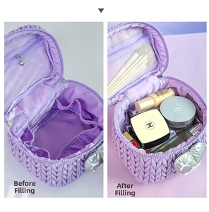 Detailed internal capacity comparison of the quilted heart makeup bag before and after filling