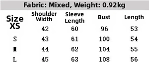 Size chart for women's faux fur jacket with shoulder, bust, and length measurements