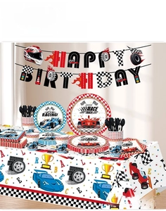 Detailed view of racing party tableware set made from thickened food-grade wood pulp