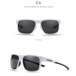 Detailed views of white sports sunglasses with non-mirror black lenses and side logo