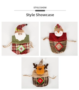 Detail showing Santa Claus, Snowman and Reindeer drawstring gift bags with embroidery