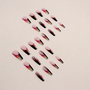 Long ballet press-on nails with pink-yellow gradient, black spider web and matte finish