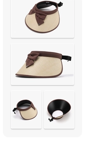 Detailed view of straw sun visor with bow, metal logo and adjustable back buckle