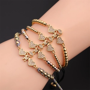 Heart Boy Girl Charm Bracelet Gold Plated Copper Cubic Zirconia Adjustable Braided Rope Vintage Jewelry Lovers