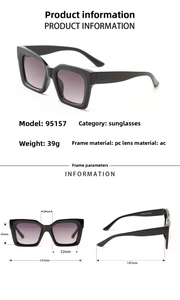Size chart showing 95157 square frame sunglasses dimensions and PC frame material specs