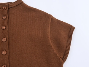 Detail of brown knit cardigan with ribbed collar and high-quality textured buttons