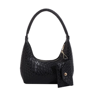 Fashionable black woven shoulder bag with matching coin purse in a sleek crescent shape