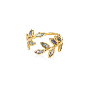 Close-up of golden olive leaf ring with iridescent blue-purple enamel inlays
