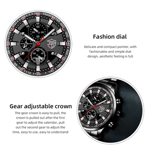 Detail of black quartz watch face with luminous hands and gear adjustable crown feature