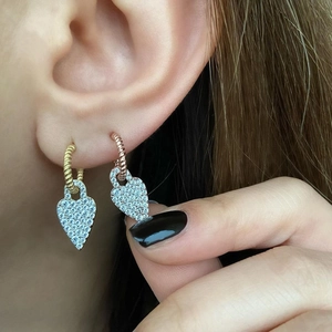 Bohemian crystal heart drop earrings in gold and rose gold on model ear