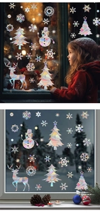 Close-up of holographic Christmas window stickers featuring snowflake and reindeer patterns