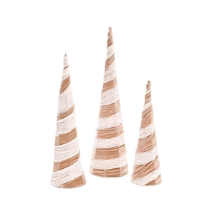 Three-piece set of velvet spiral wrapped Christmas cone trees in beige and light brown